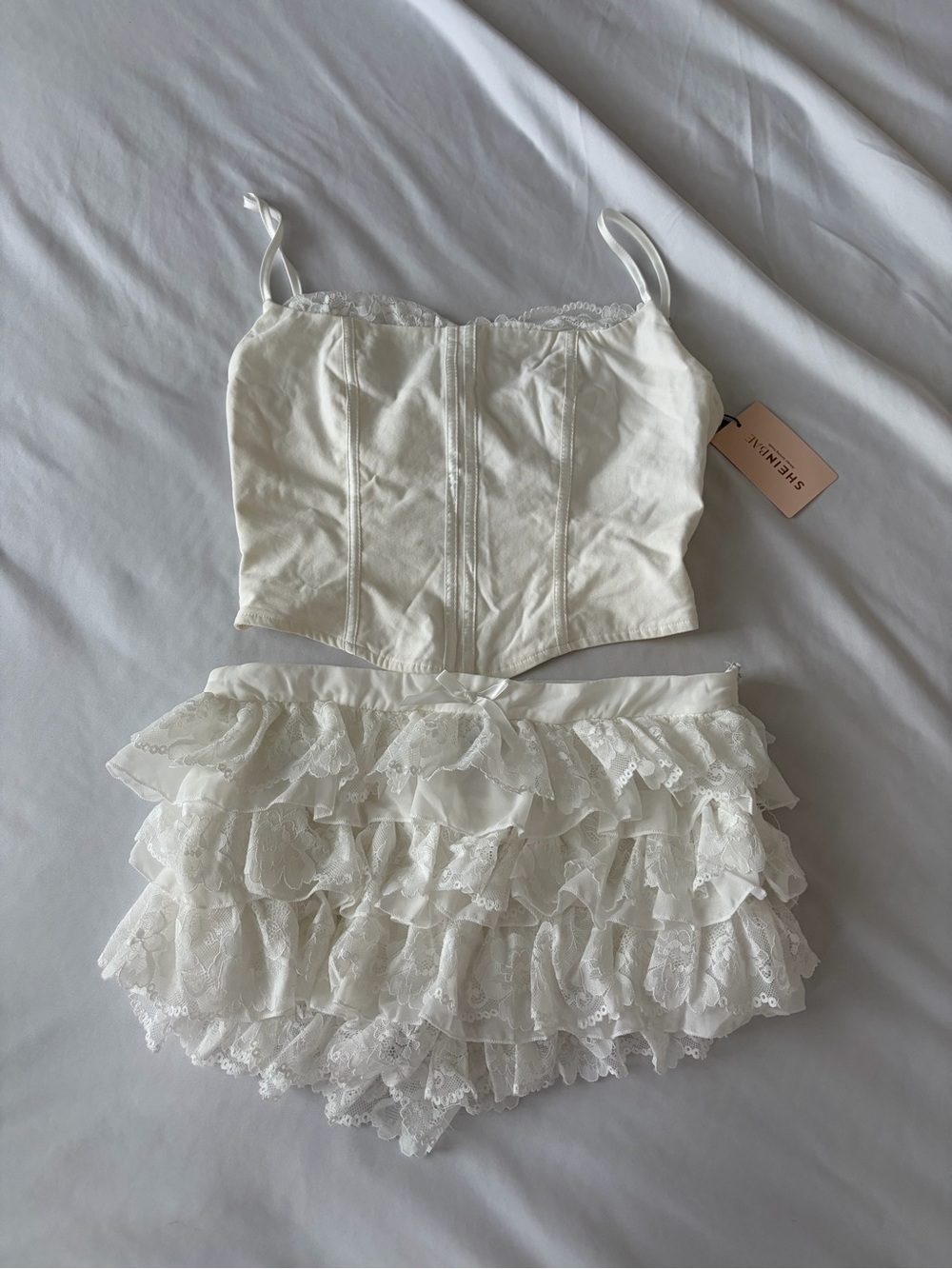 SHEIN White Lace Crop Top and Ruffle Mini Skort Set